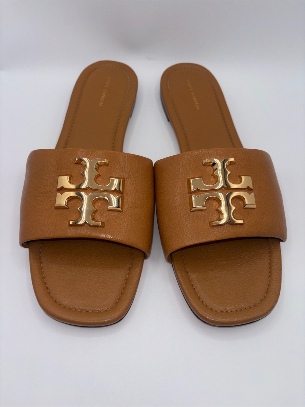 Tory Burch Camel Leather Slide Sandals with Gold Logo